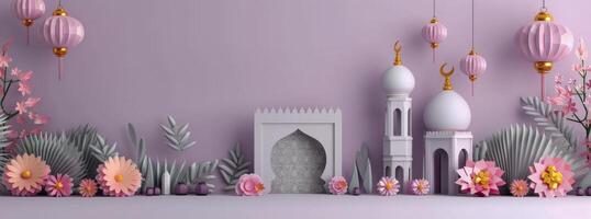 Decorative Lanterns and Paper Flowers on Pastel Wall for Celebration photo