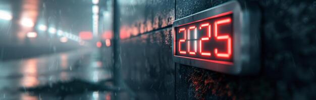 Digital Countdown Timer Displaying 2025 in a Dark, Wet Urban Environment at Night photo