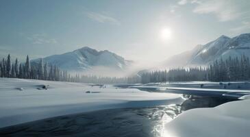Serene Winter Landscape With Snow-Covered Mountains and Frozen River at Sunrise photo