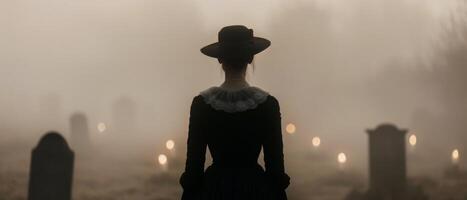 Mysterious Figure in Foggy Graveyard at Dusk photo