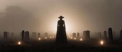 Mysterious Figure in Foggy Graveyard at Dusk photo