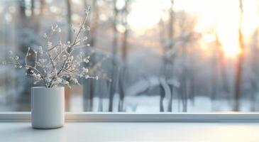 Snow-Covered Landscape at Sunrise Viewed Through Large Window photo