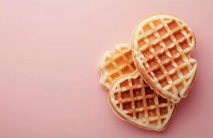 Heart-Shaped Waffles With Raspberries on Pink Background photo