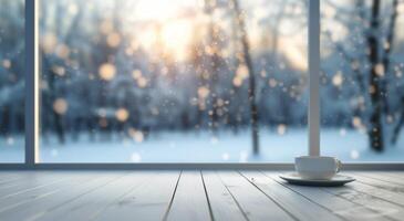 Snow-Covered Landscape at Sunrise Viewed Through Large Window photo