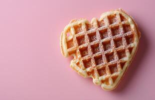 Heart-Shaped Waffles With Raspberries on Pink Background photo