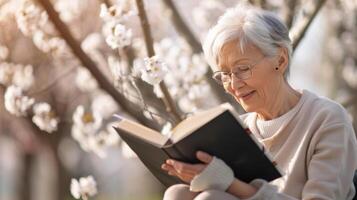 Elderly Couple Reading Together Under Blossoming Cherry Tree in Spring photo