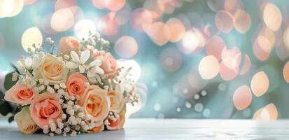 Elegant Bridal Bouquet With Pastel Roses and Bokeh Background at Wedding Reception photo