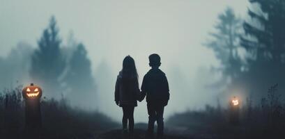Two Children Holding Hands Near a Smiling Pumpkin on a Foggy Autumn Trail photo