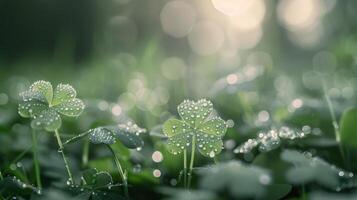 Morning Dew on Clover Leaves in a Lush Green Field photo