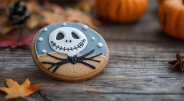 Halloween Cookie With Jack Skellington Decor on Rustic Wooden Surface photo