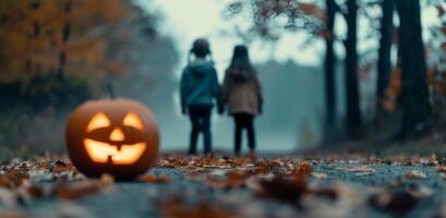 Two Children Holding Hands Near a Smiling Pumpkin on a Foggy Autumn Trail photo