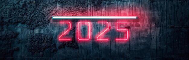 Digital Countdown Timer Displaying 2025 in a Dark, Wet Urban Environment at Night photo