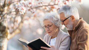 Elderly Couple Reading Together Under Blossoming Cherry Tree in Spring photo