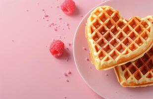 Heart-Shaped Waffles With Raspberries on Pink Background photo