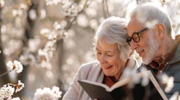 Elderly Couple Reading Together Under Blossoming Cherry Tree in Spring photo