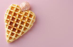 Heart-Shaped Waffles With Raspberries on Pink Background photo