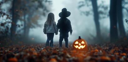Two Children Holding Hands Near a Smiling Pumpkin on a Foggy Autumn Trail photo