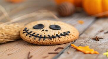 Halloween Cookie With Jack Skellington Decor on Rustic Wooden Surface photo