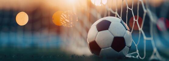 Soccer Ball Nestled in Goal Net at Sunset on a Warm Evening photo