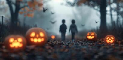 Two Children Holding Hands Near a Smiling Pumpkin on a Foggy Autumn Trail photo
