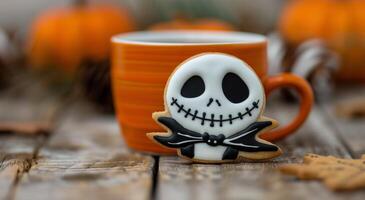 Halloween Cookie With Jack Skellington Decor on Rustic Wooden Surface photo