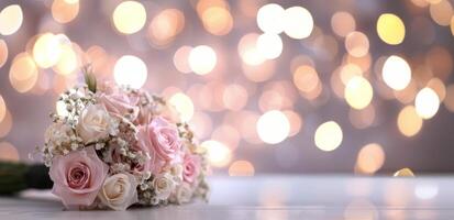 Elegant Bridal Bouquet With Pastel Roses and Bokeh Background at Wedding Reception photo