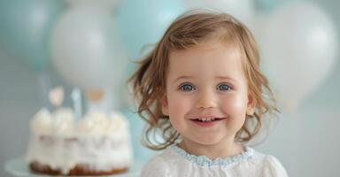 Delighted Toddler at a Birthday Celebration Surrounded by Balloons and Cake photo