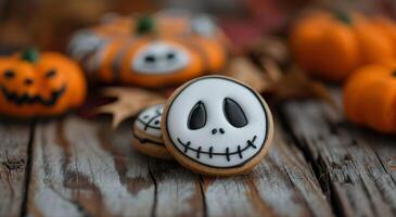 Halloween Cookie With Jack Skellington Decor on Rustic Wooden Surface photo