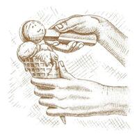 Ice cream in a waffle cone with hands holding a scoop hand drawn vector