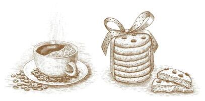 Cup of coffee with cookies drawn by hand on a white background vector