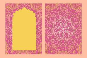 Indian yellow rose window in Mughal style, template with mandala style patterns oriental frame, space for text card, wedding invitation vector