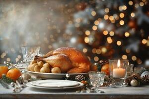 Roasted Turkey Centerpiece on Festive Table With Holiday Decorations and Twinkling Lights photo