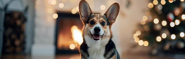 Corgi Dog Sitting on Floor With Christmas Decorations and Warm Lights in Background photo