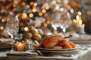Roasted Turkey Centerpiece on Festive Table With Holiday Decorations and Twinkling Lights photo