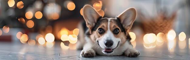 Corgi Dog Sitting on Floor With Christmas Decorations and Warm Lights in Background photo