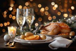 Roasted Turkey Centerpiece on Festive Table With Holiday Decorations and Twinkling Lights photo