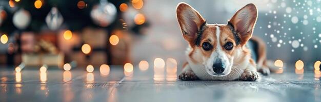Corgi Dog Sitting on Floor With Christmas Decorations and Warm Lights in Background photo