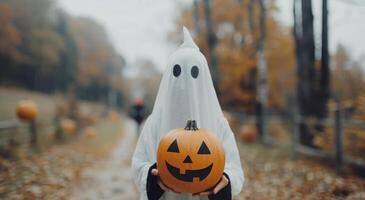 Child Holding Smiling Pumpkin on a Rainy Day in the Countryside photo