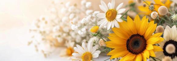 Vibrant Sunflowers and Wildflowers Arranged on a Plain Background photo