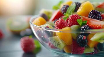 Fresh Fruit Salad With Berries and Melon in Clear Bowl on Table photo