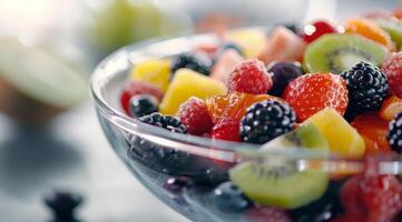 Fresh Fruit Salad With Berries and Melon in Clear Bowl on Table photo