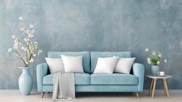 Elegant Living Room Decor With Soft Couch and Floral Arrangement on Table photo