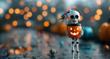 Miniature Skeleton Holding Pumpkin Bucket in Festive Halloween Setting photo