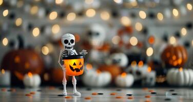 Miniature Skeleton Holding Pumpkin Bucket in Festive Halloween Setting photo