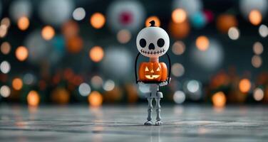 Miniature Skeleton Holding Pumpkin Bucket in Festive Halloween Setting photo