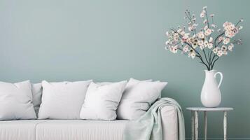 Elegant Living Room Decor With Soft Couch and Floral Arrangement on Table photo