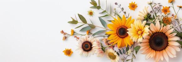 Vibrant Sunflowers and Wildflowers Arranged on a Plain Background photo