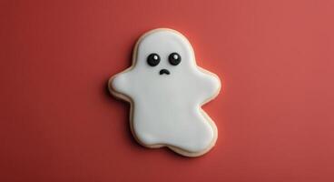 Cute Ghost-Shaped Cookie on Red Background for Halloween Celebration photo