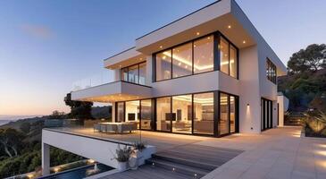 Modern Architectural Home With Pool at Dusk in Tranquil Setting photo