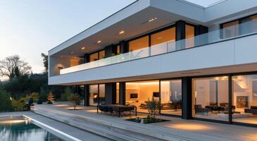 Modern Architectural Home With Pool at Dusk in Tranquil Setting photo